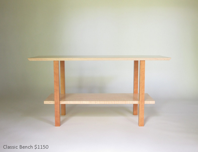 Classic Bench: Tiger Maple and Cherry Entry Bench, for narrow hallways, entryway bench, for foyer furniture, bedroom bench- handmade wood furniture