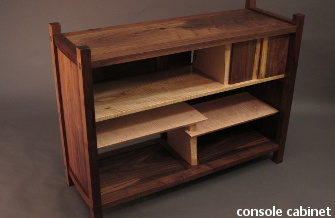 Our Console Cabinet pictured in walnut and tiger maple- a sideboard for the dining room or modern entertainment center.