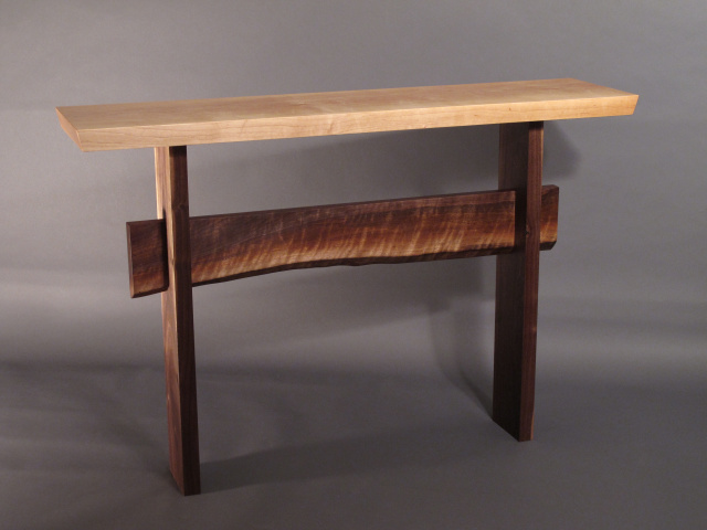 modern console table or narrow entry table with thick maple table top and live edge stretcher. Handmade custom wood furniture