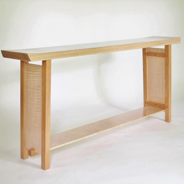 Long Narrow Console Table with Shaped table top and unique fine furniture details- Handmade solid wood furniture, pictured here in