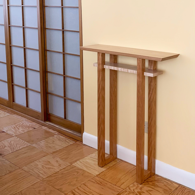 narrow side table- modern cherry table with shelf in tiger maple for small entry table or narrow hallway table by Mokuzai Furniture
